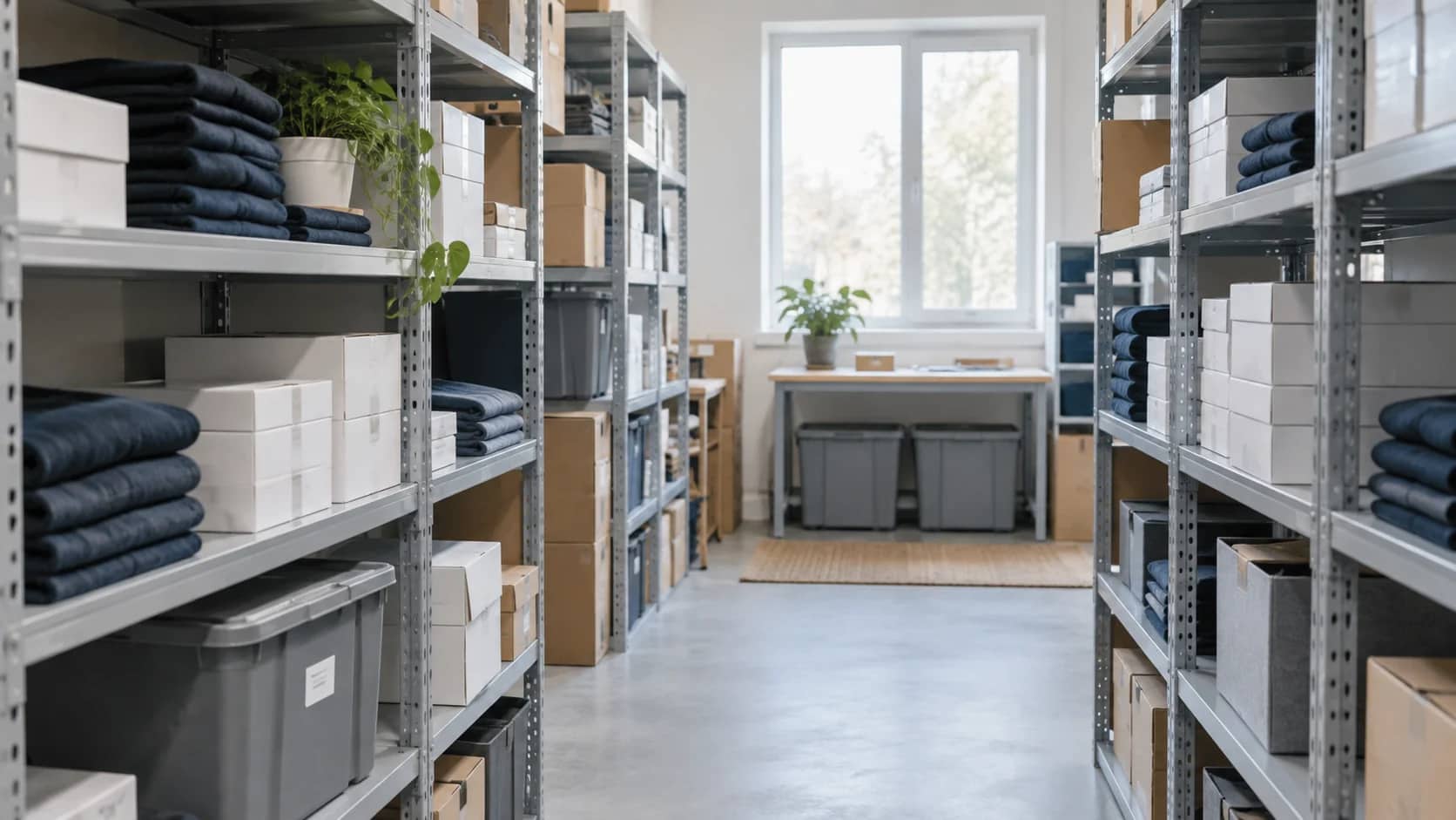 An orderly ecommerce stockroom with cartons, garments and storage bins on metal shelving.