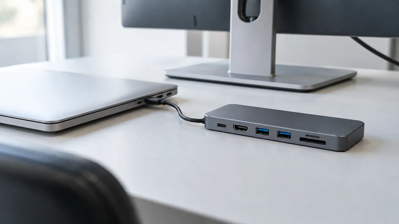 A USB-C dock connected to a laptop on a simple desk.