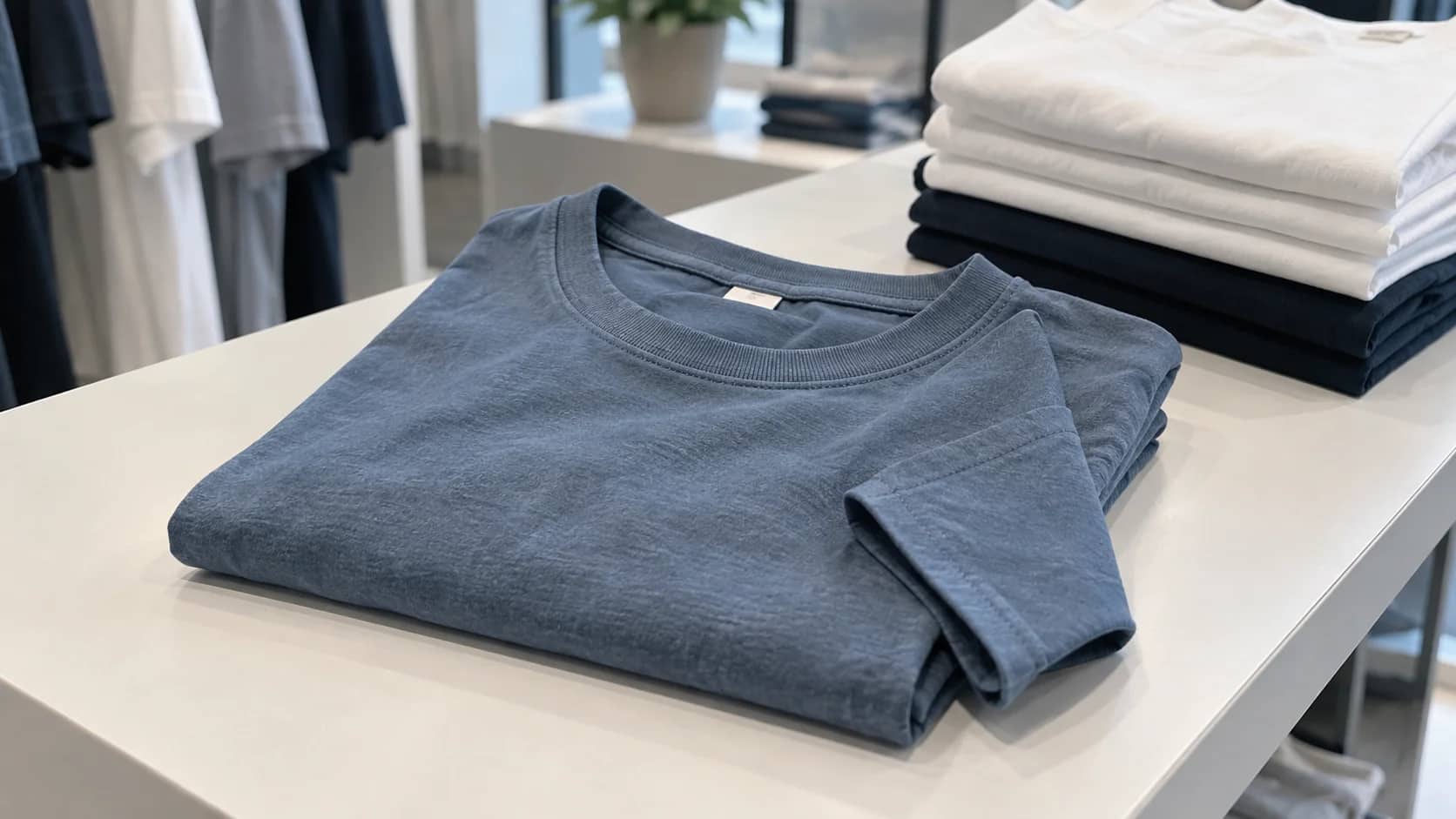 Folded cotton T-shirts showing their collars, seams and different colourways.