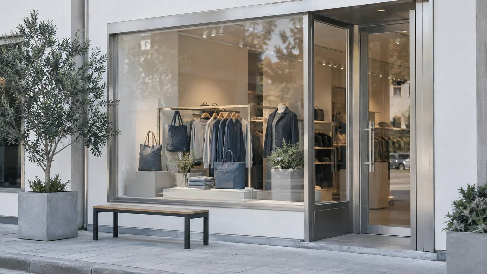An independent shopfront displaying bags and clothing behind a glass window.