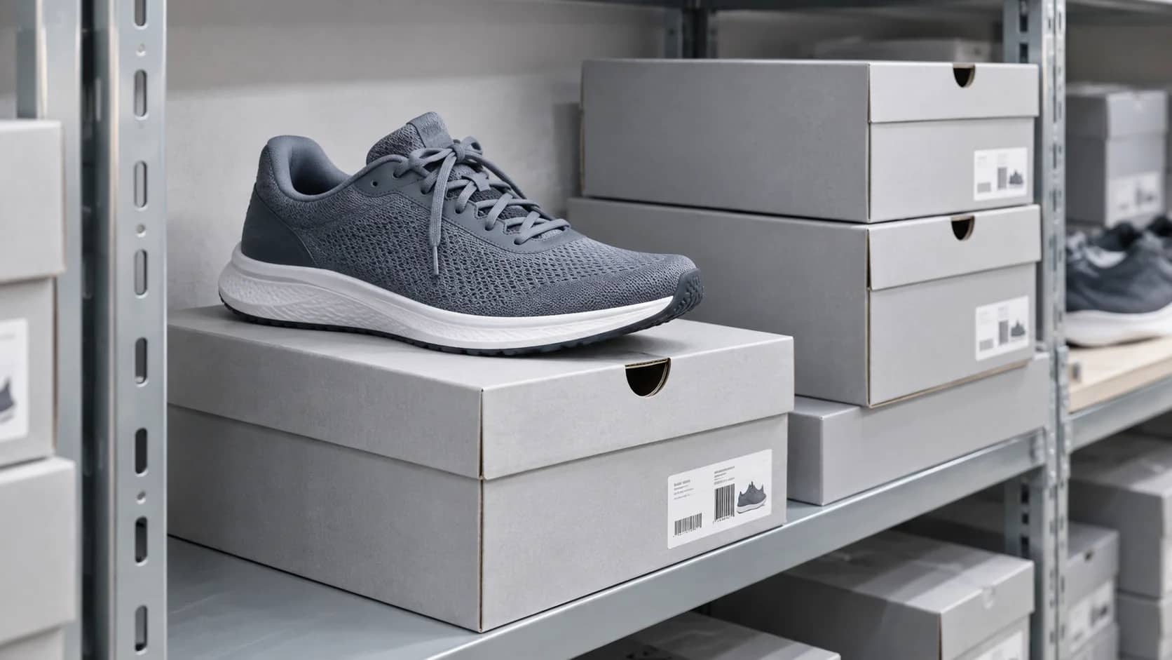 A slate-grey running shoe on labelled shoeboxes in a stockroom.