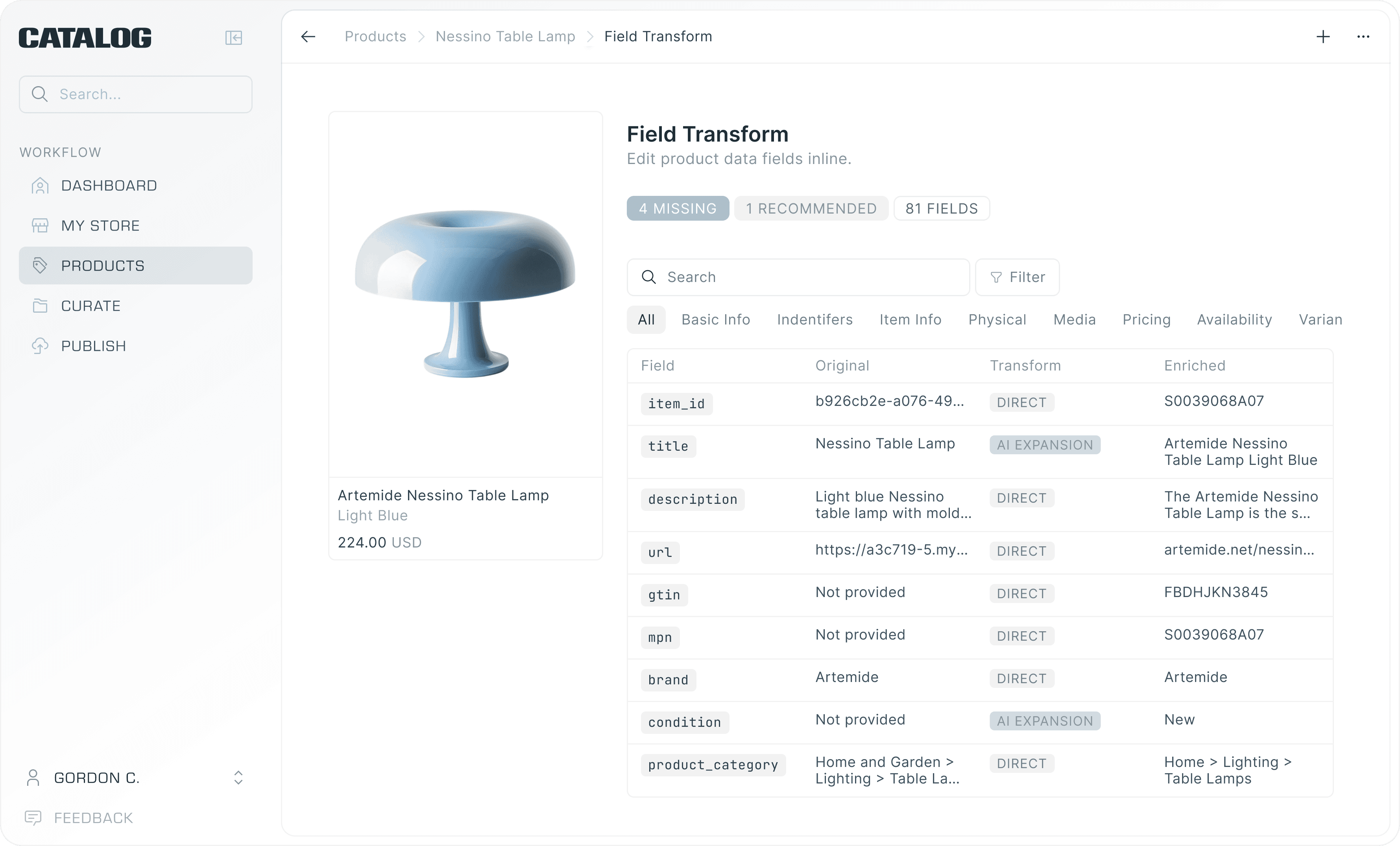 The Catalog admin showing a Nessino Table Lamp with its field table — item_id, title, description and more — each row tagged DIRECT or AI EXPANSION as Catalog fills in the missing values.