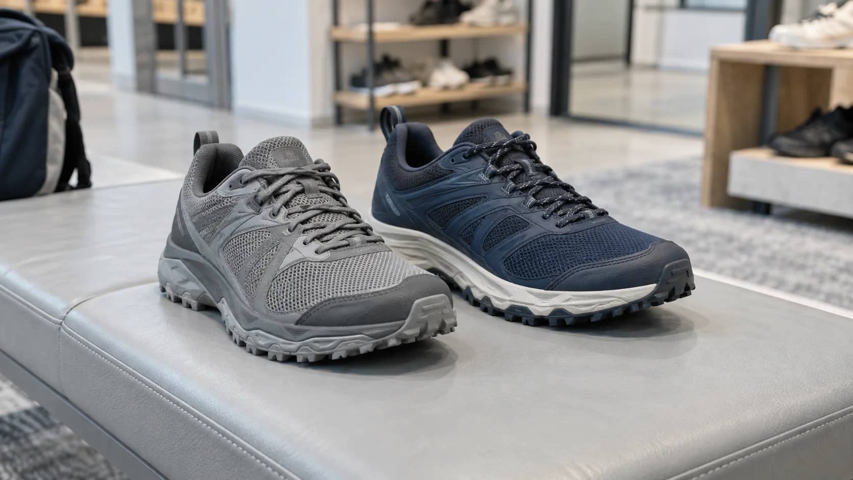 Two trail-running shoes with different shapes and tread on a fitting bench.