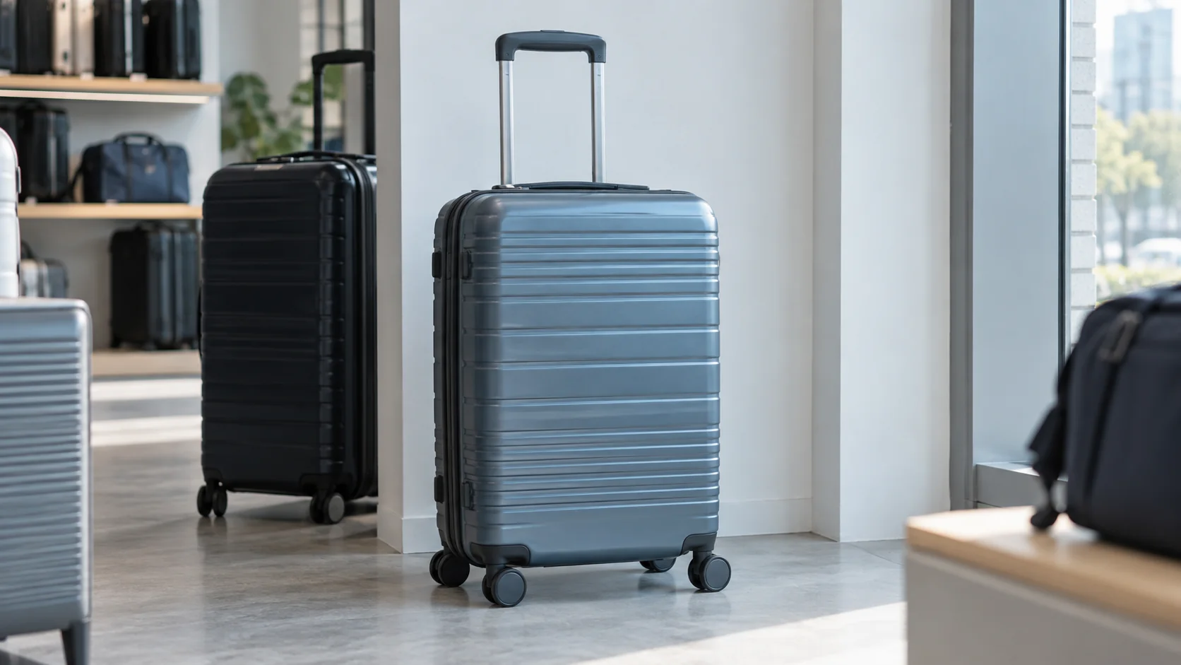 A slate-blue carry-on suitcase with an extended handle in a luggage shop.