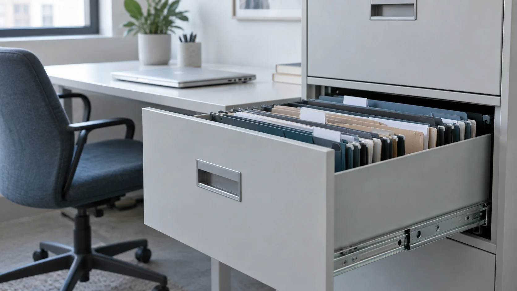 An open filing drawer with paper folders beside a merchant's desk.