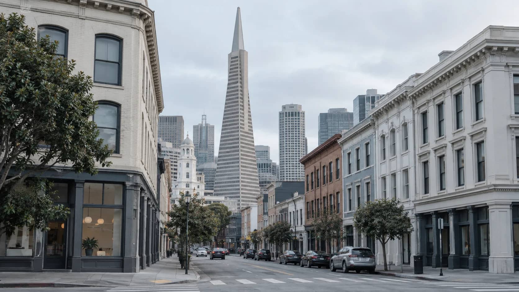 San Francisco buildings and the Transamerica Pyramid in soft morning light.