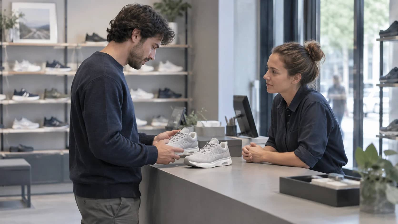 A customer and shop assistant discussing running shoes at a footwear counter.