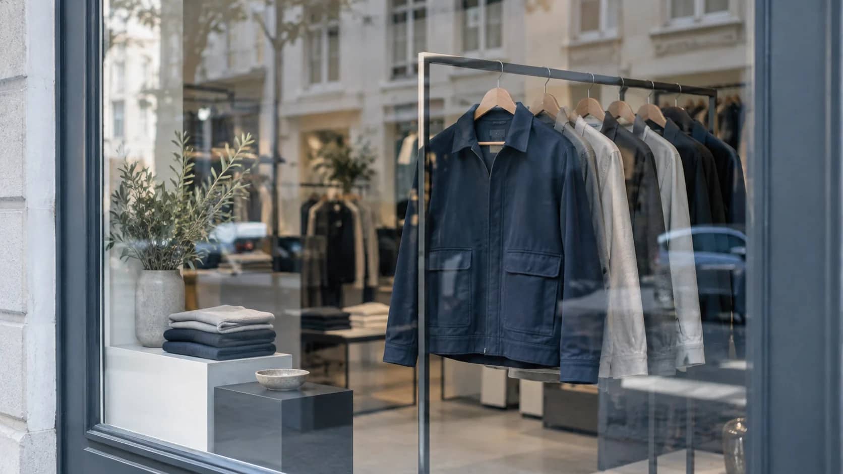 A jacket visible through a shop window with a faint reflection of the street.