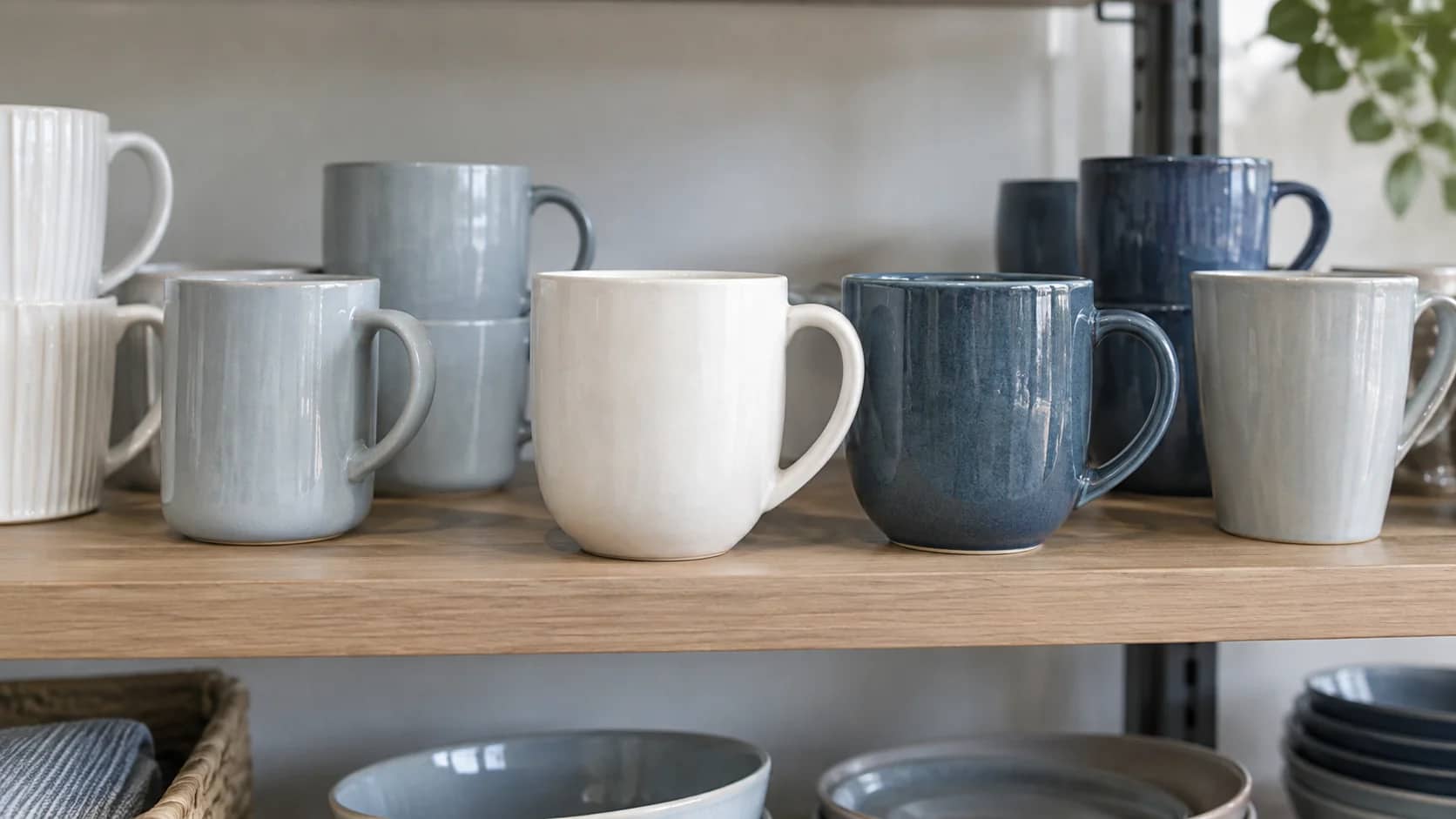 Ceramic mugs in different sizes, shapes and muted blue and white finishes on a shop shelf.