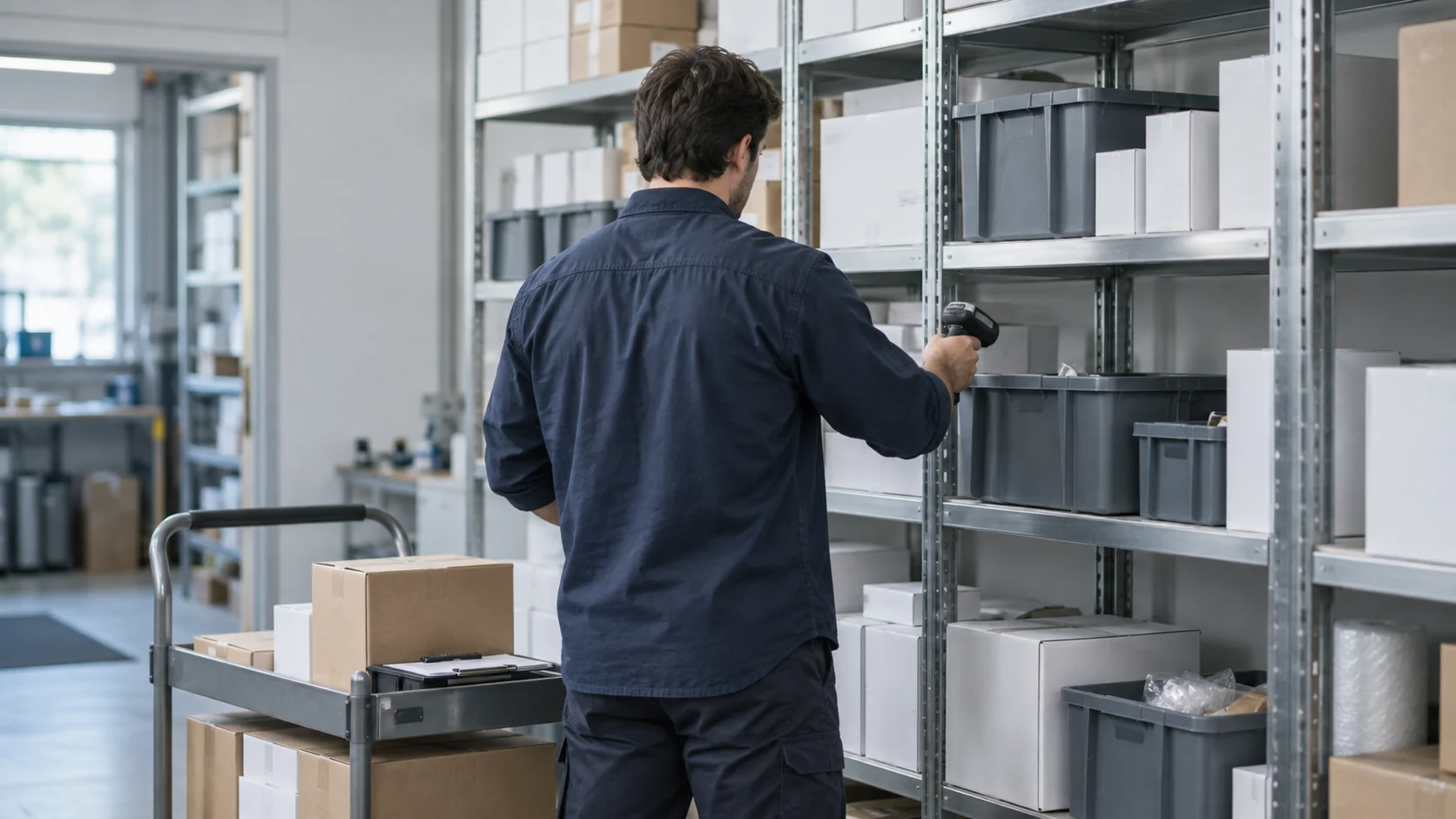 A stockroom employee checking inventory on metal shelves with a handheld scanner.