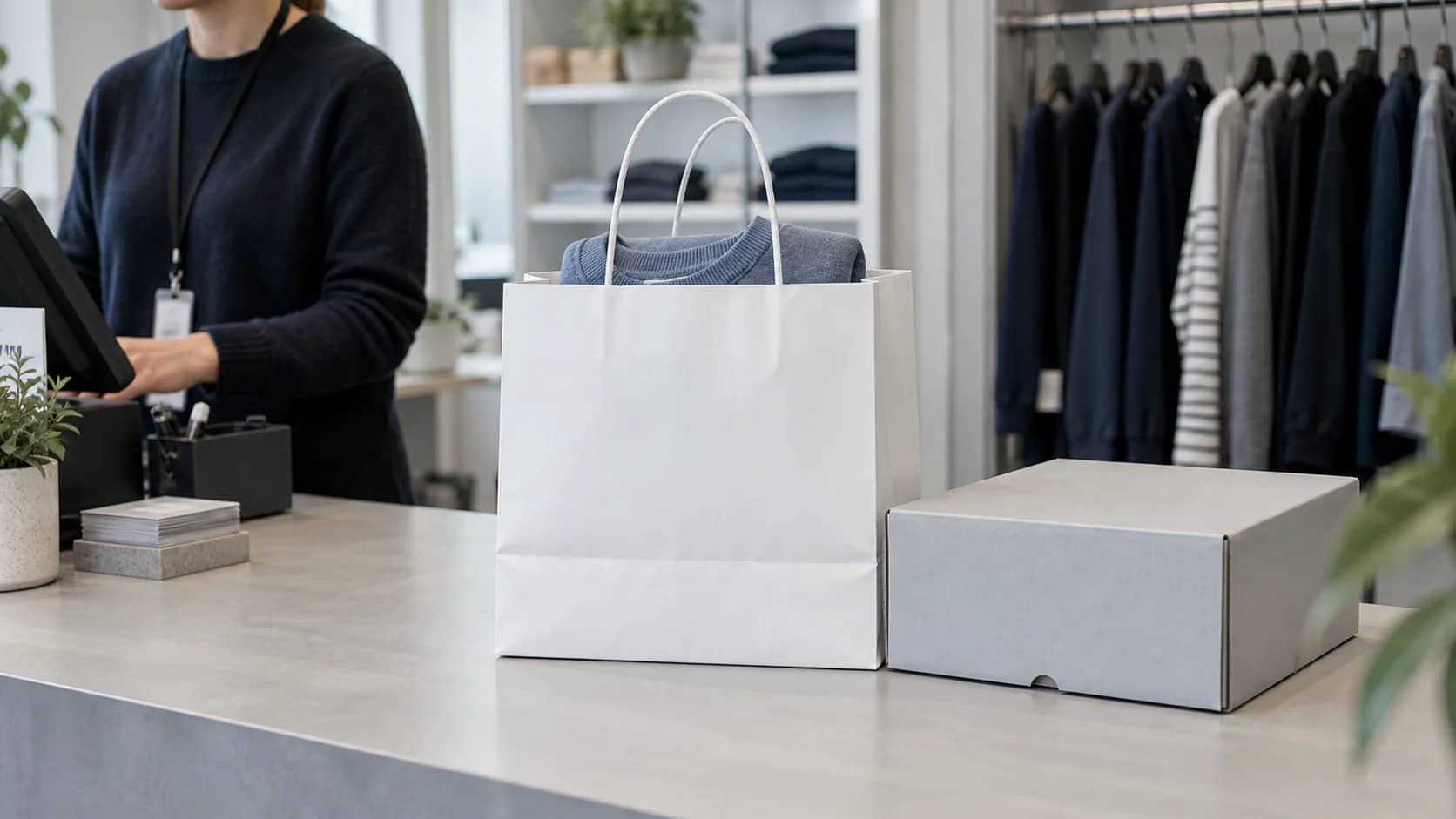 A clothing order in a paper shopping bag beside a shipping carton at a shop counter.