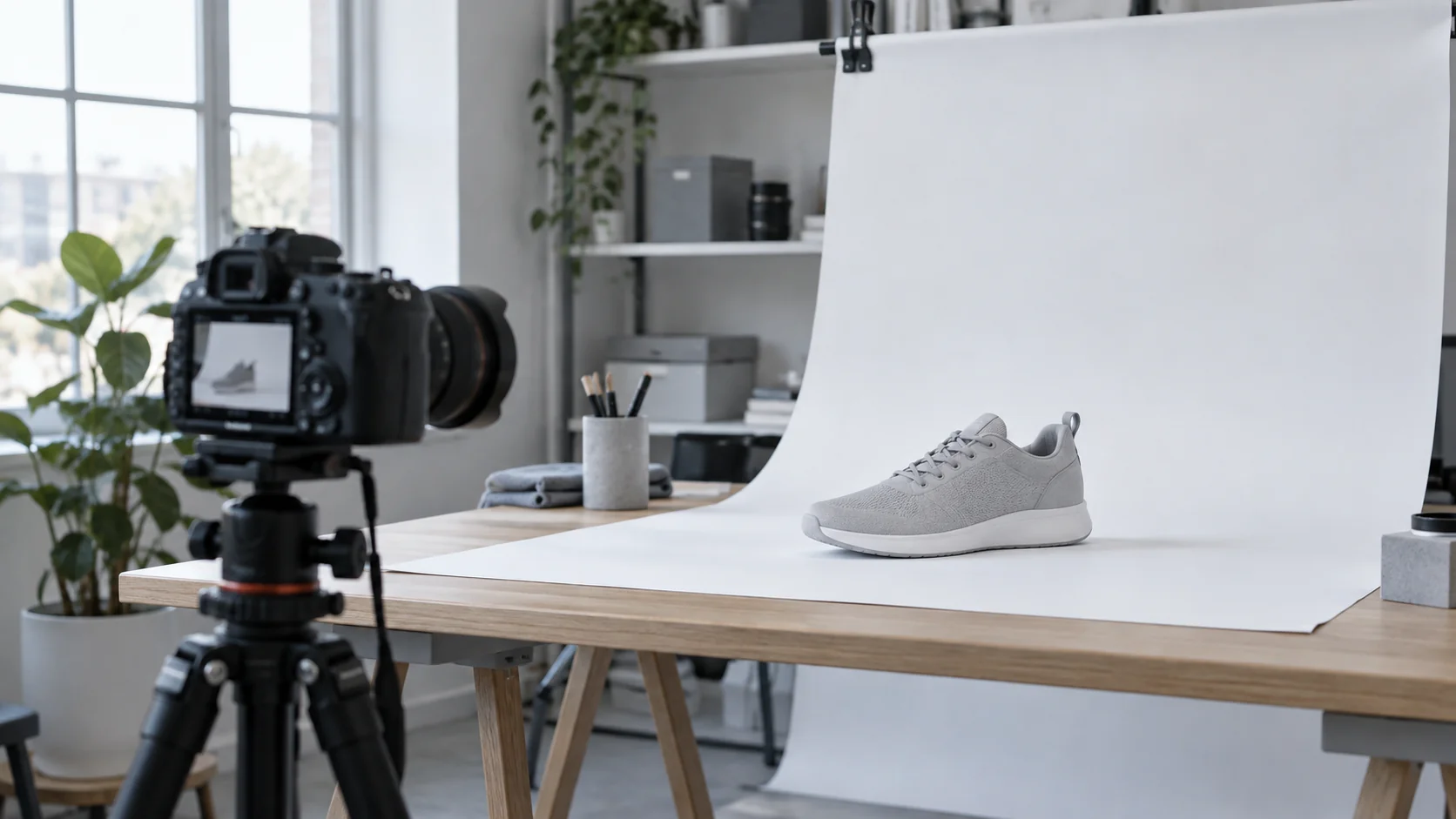 A sneaker on a white photography sweep with a camera on a tripod nearby.