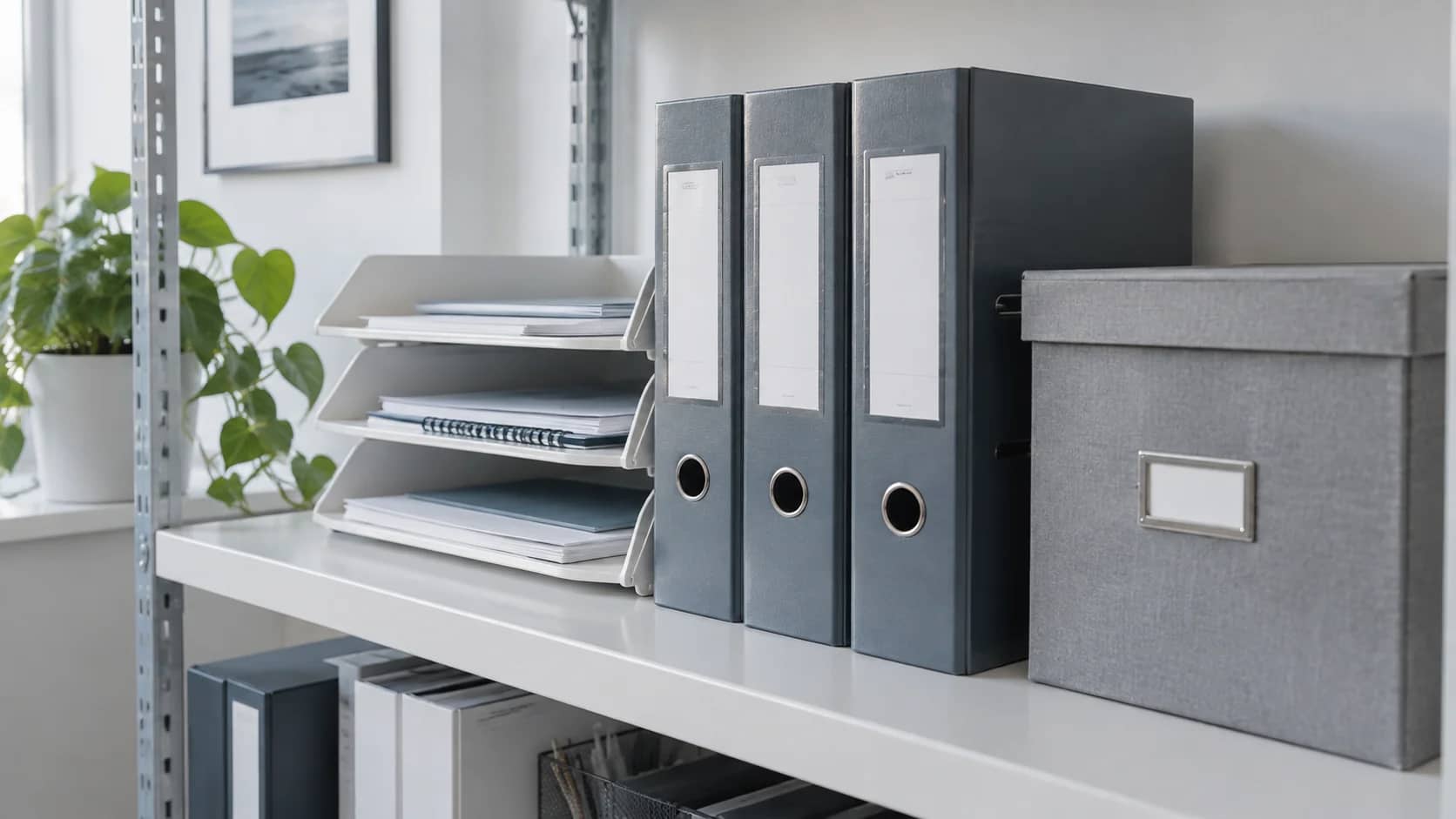Folders and document trays on a merchant office shelf.