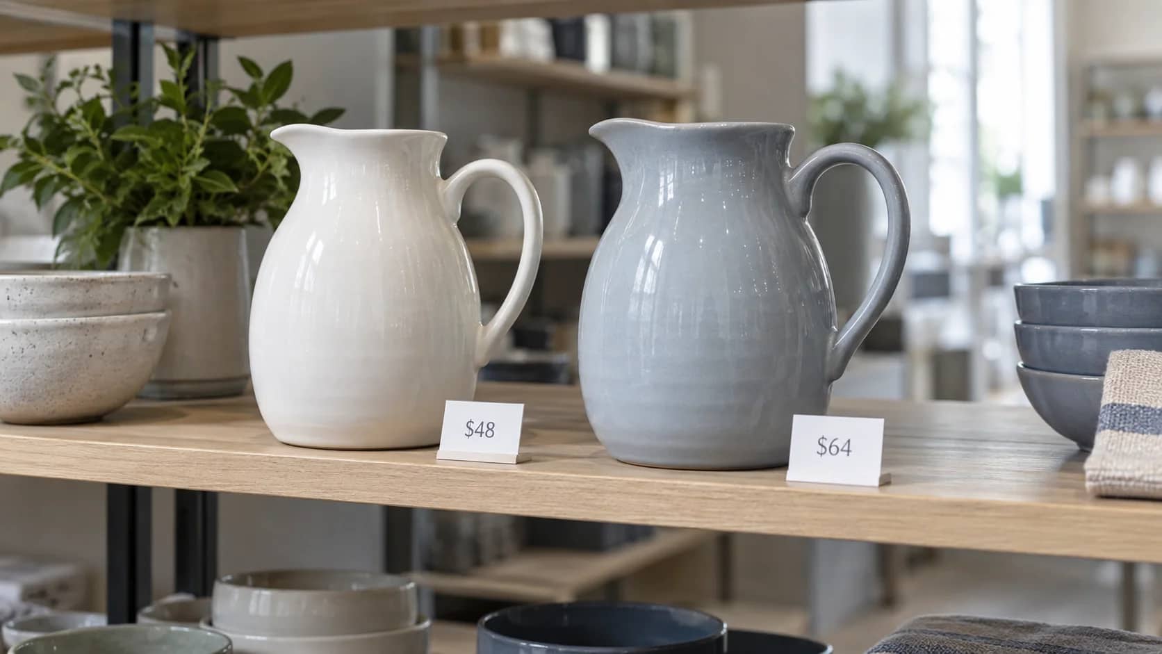 Two ceramic jugs with small shelf-price cards in a homewares shop.