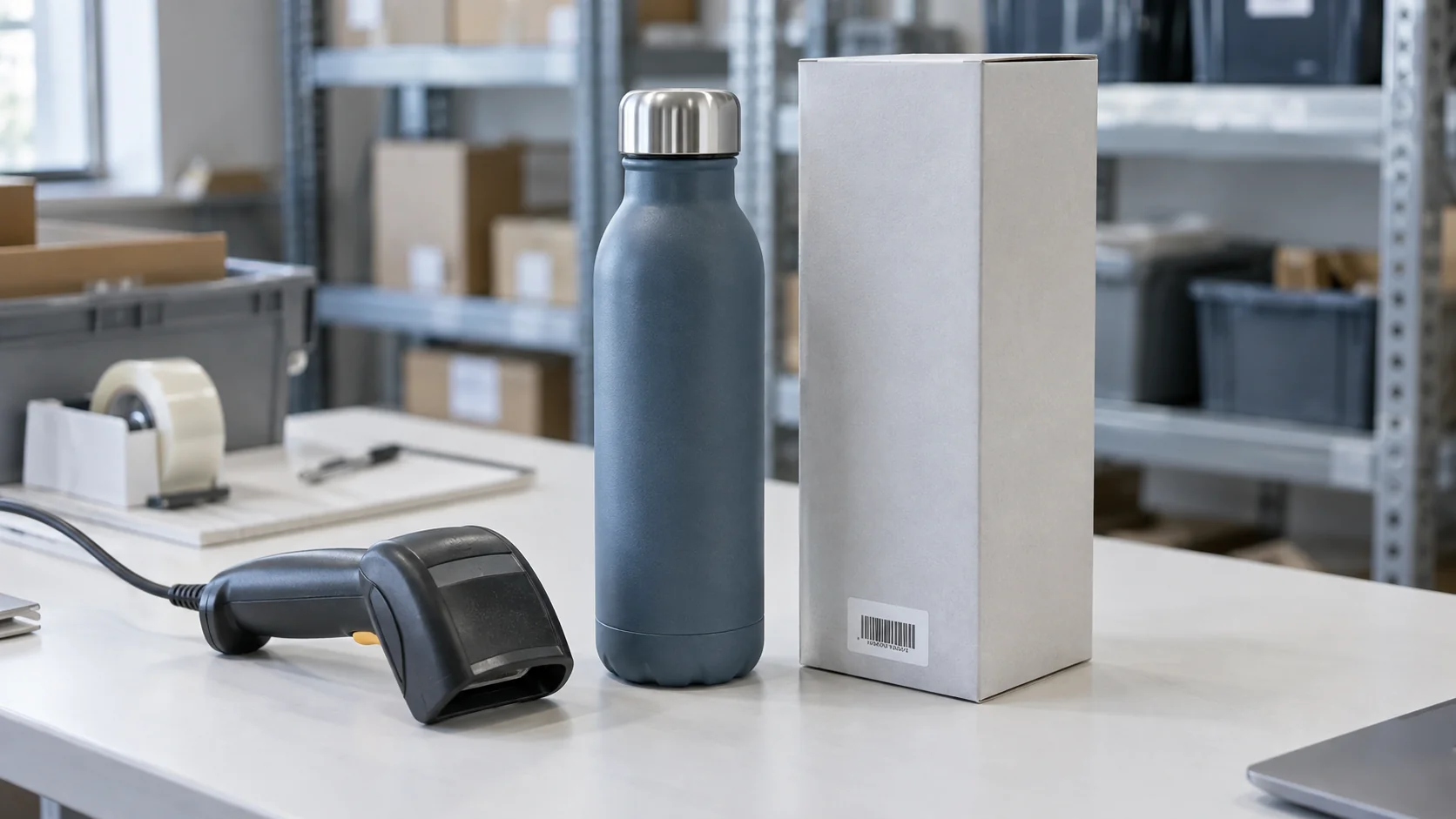 A barcode scanner beside a reusable water bottle and its retail carton.