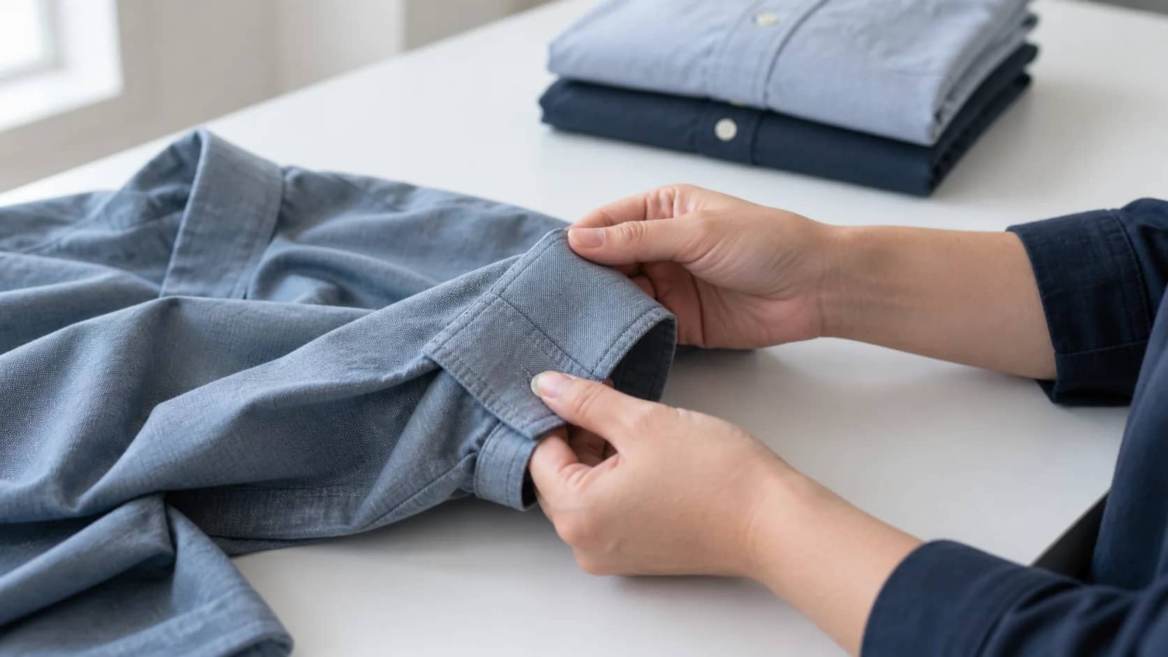 A garment worker checking the stitching on a shirt cuff.