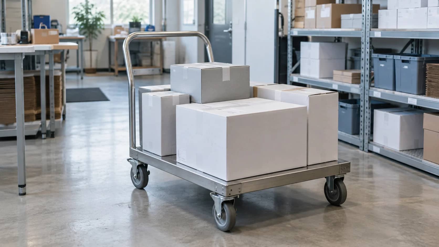Sealed shipping cartons on a dispatch trolley in a small fulfillment area.