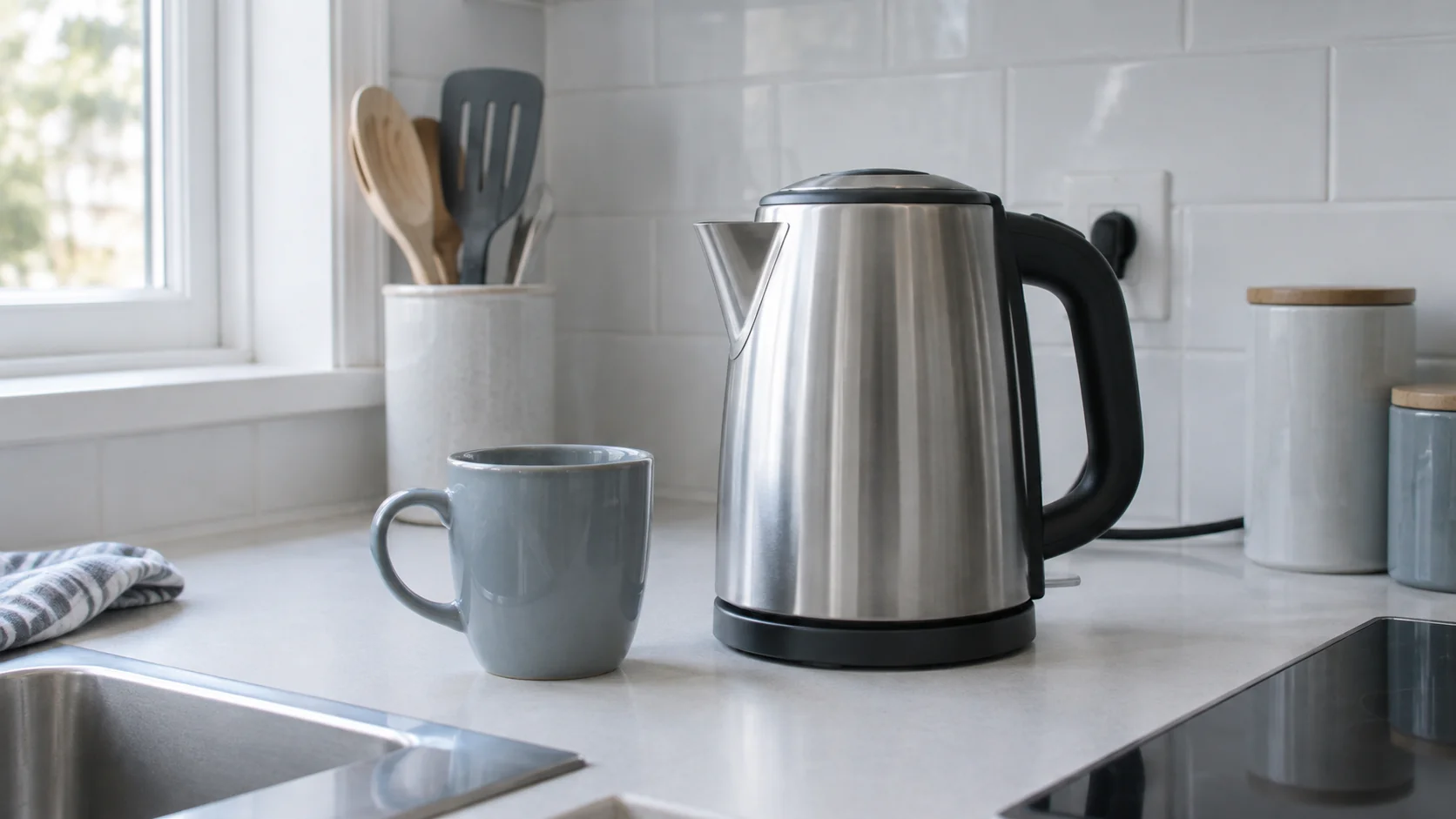 A stainless-steel electric kettle and a slate ceramic mug on a kitchen counter.