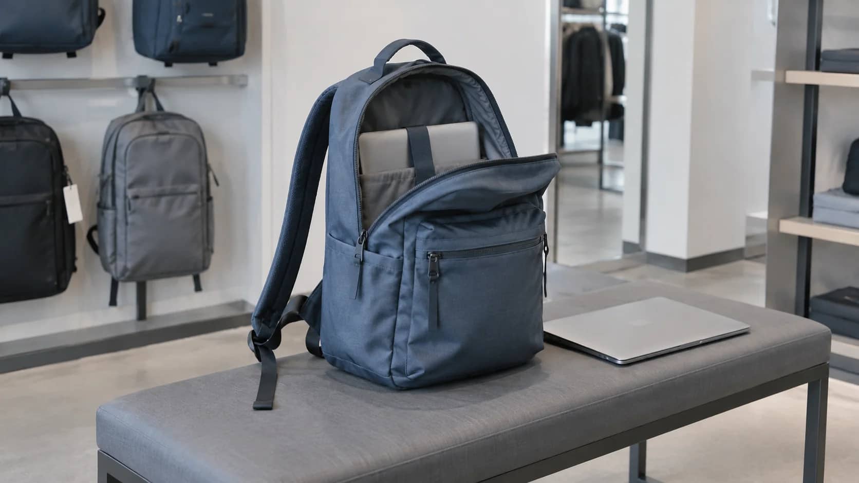 An open slate-blue backpack and a closed laptop on a shop fitting bench.