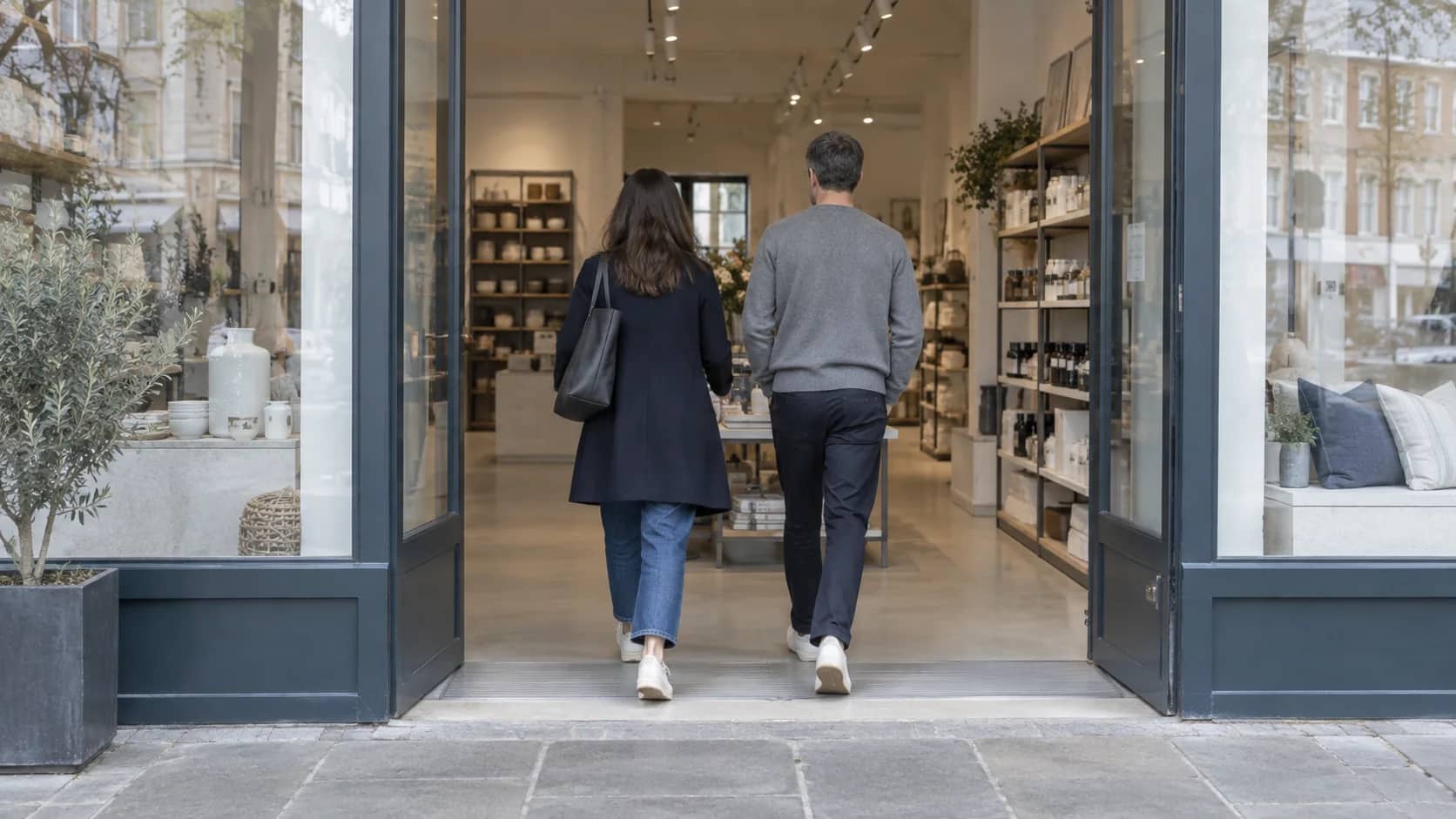 Shoppers entering a small retail store through an open doorway.