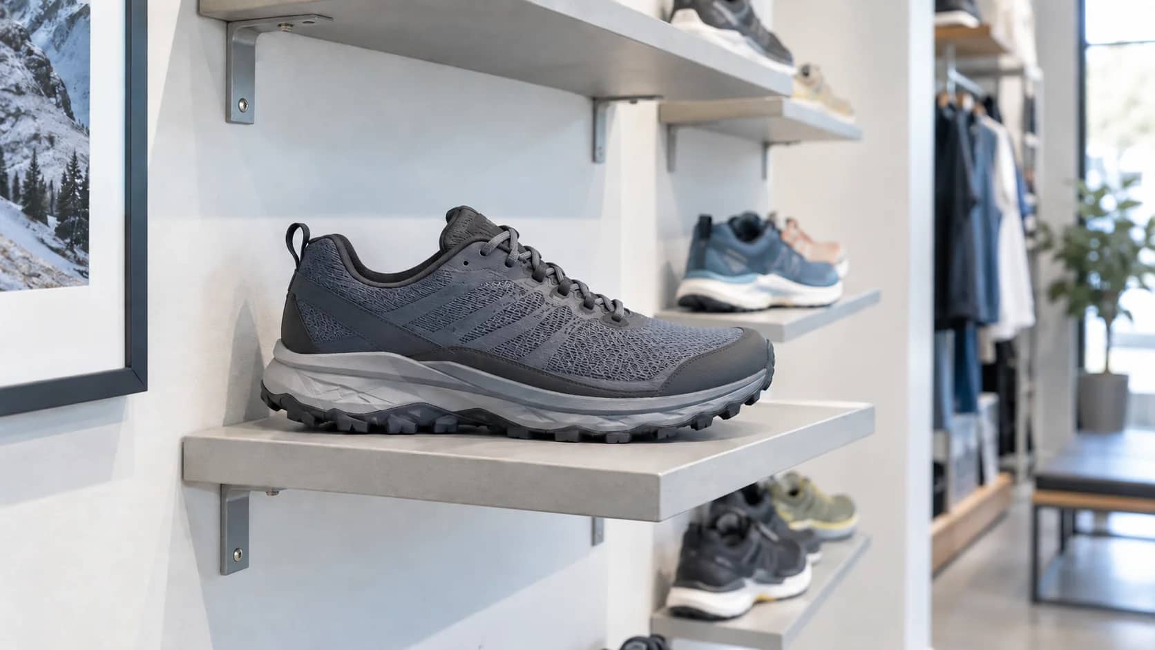 A trail-running shoe at the front of a footwear-shop display.