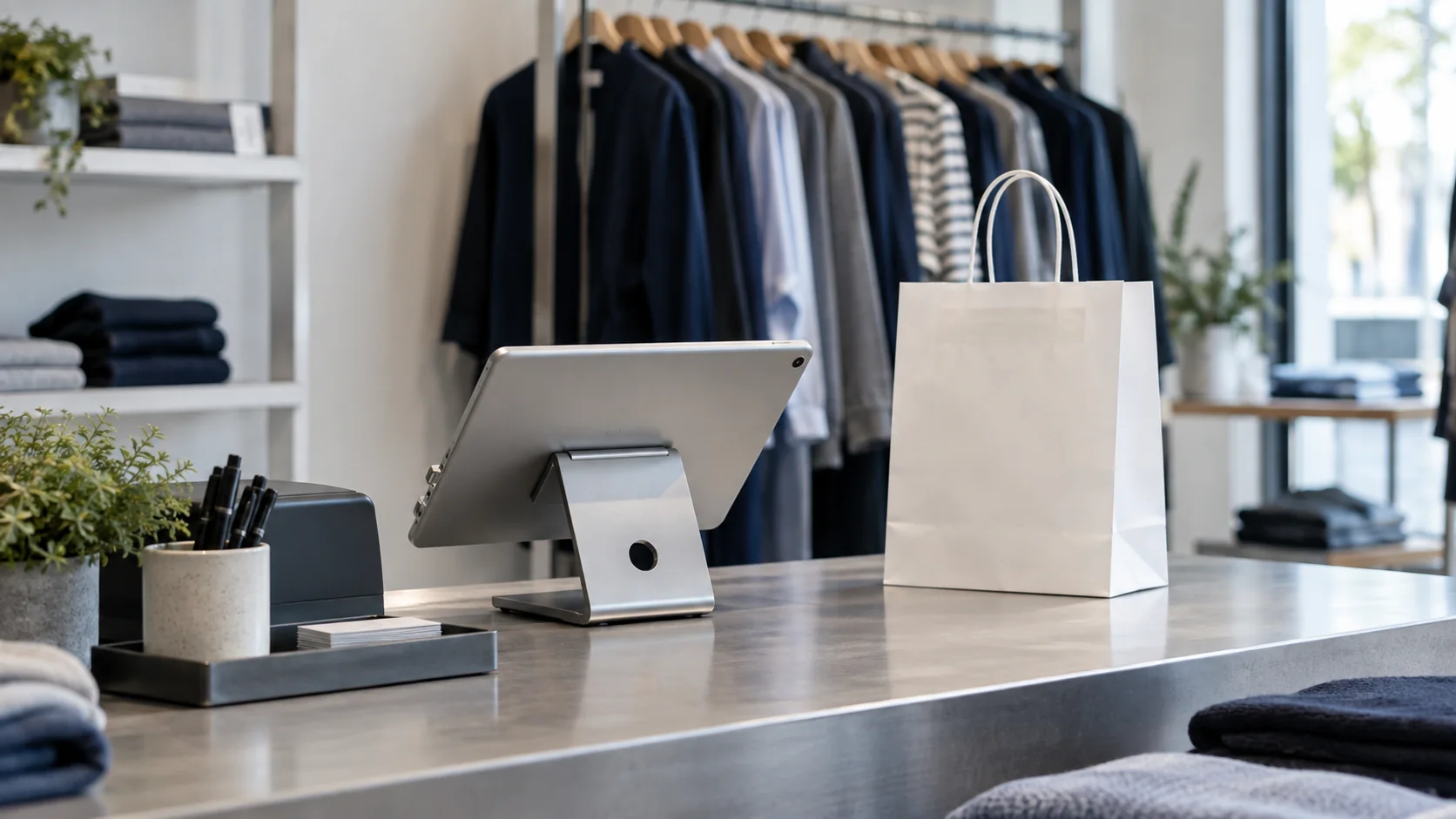 A tablet checkout terminal and a shopping bag on a clothing-shop counter.