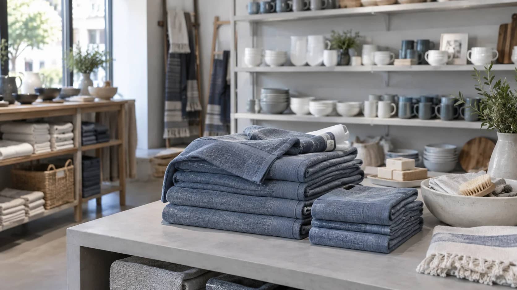 Linen towels and ceramics arranged for browsing in a homewares shop.