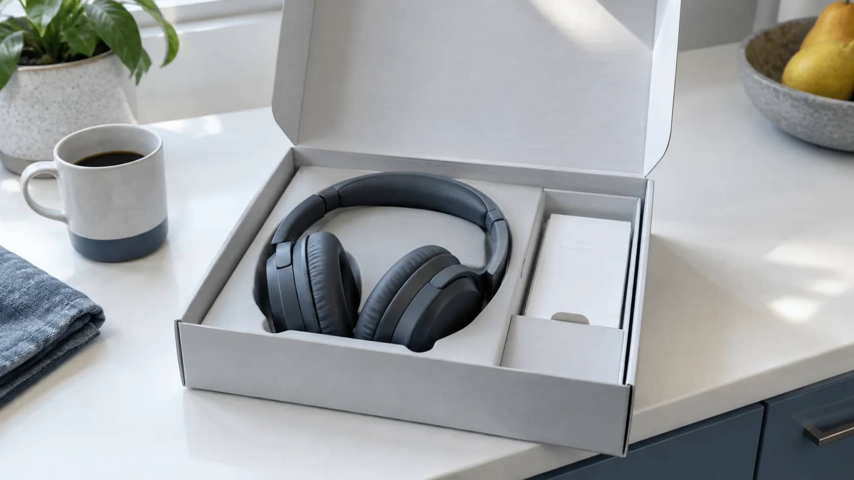 Headphones in their original packaging with a small instruction booklet.