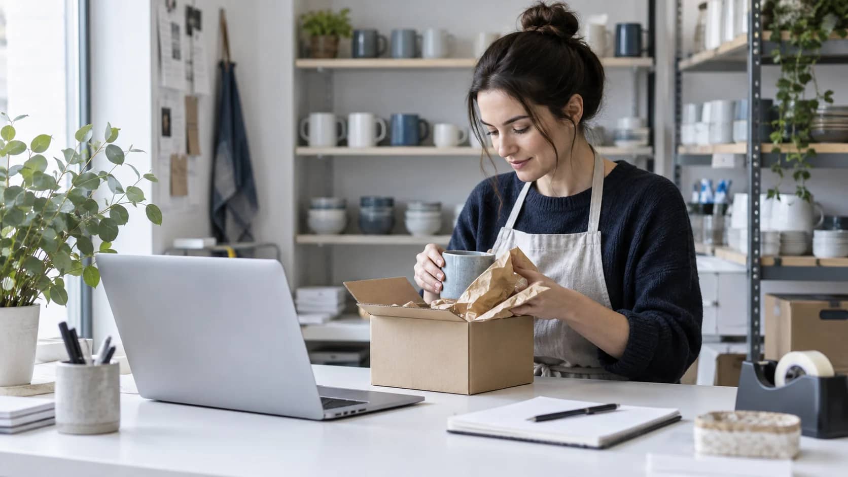A merchant's laptop and packing carton in the back of a homewares shop.